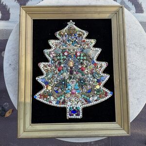 Large Vintage Jewelry Christmas Tree Framed Art w Rhinestones Pearls Beads